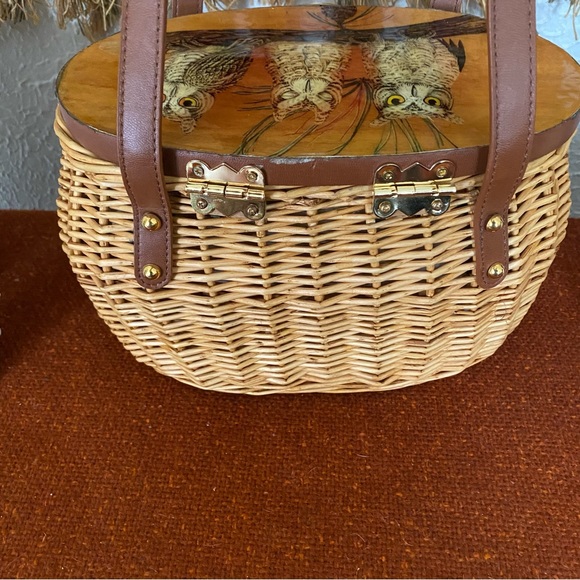Vintage MCM Cappelli Straworld Wicker Purse w/ Owls on Wood Lid - Picture 9 of 15